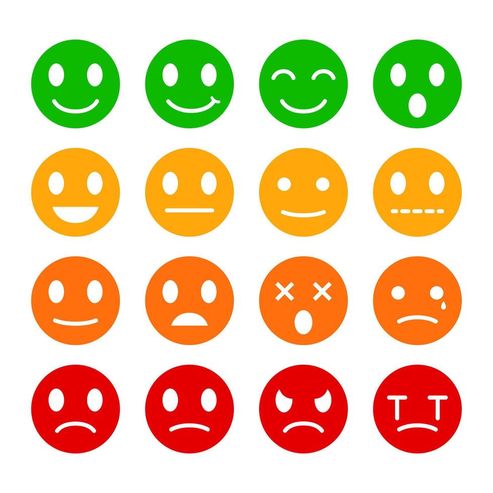 Isolate Emoticons Icon set, Emotion stickers, Rating graphic elements, Red, Green, Yellow Smile Clip art, Satisfaction, interface symbol for App, Presentation and Infographics. vector