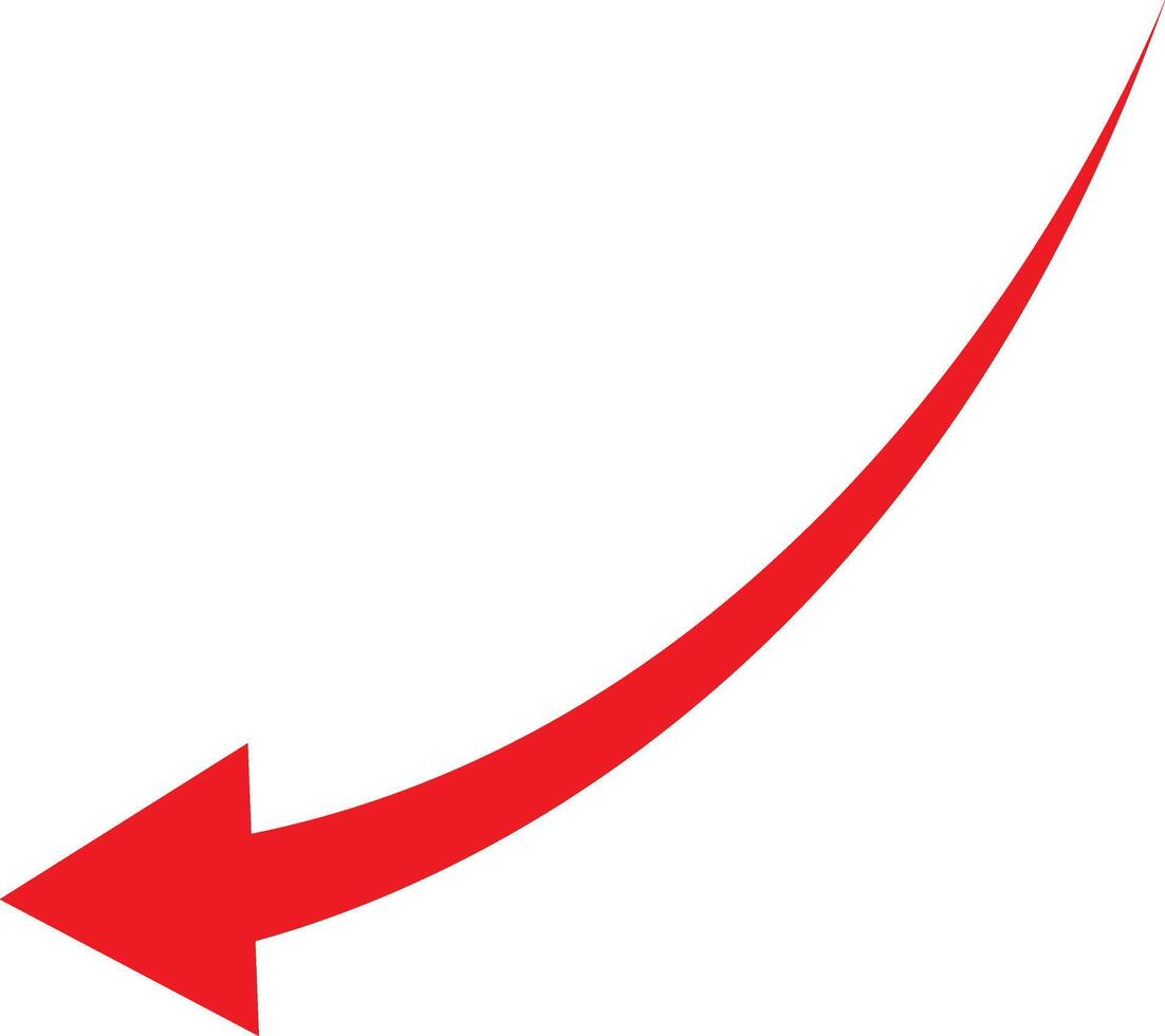 Curved red arrow pointing downwards on a white background indicating market decline loss or failure in a financial or business context vector
