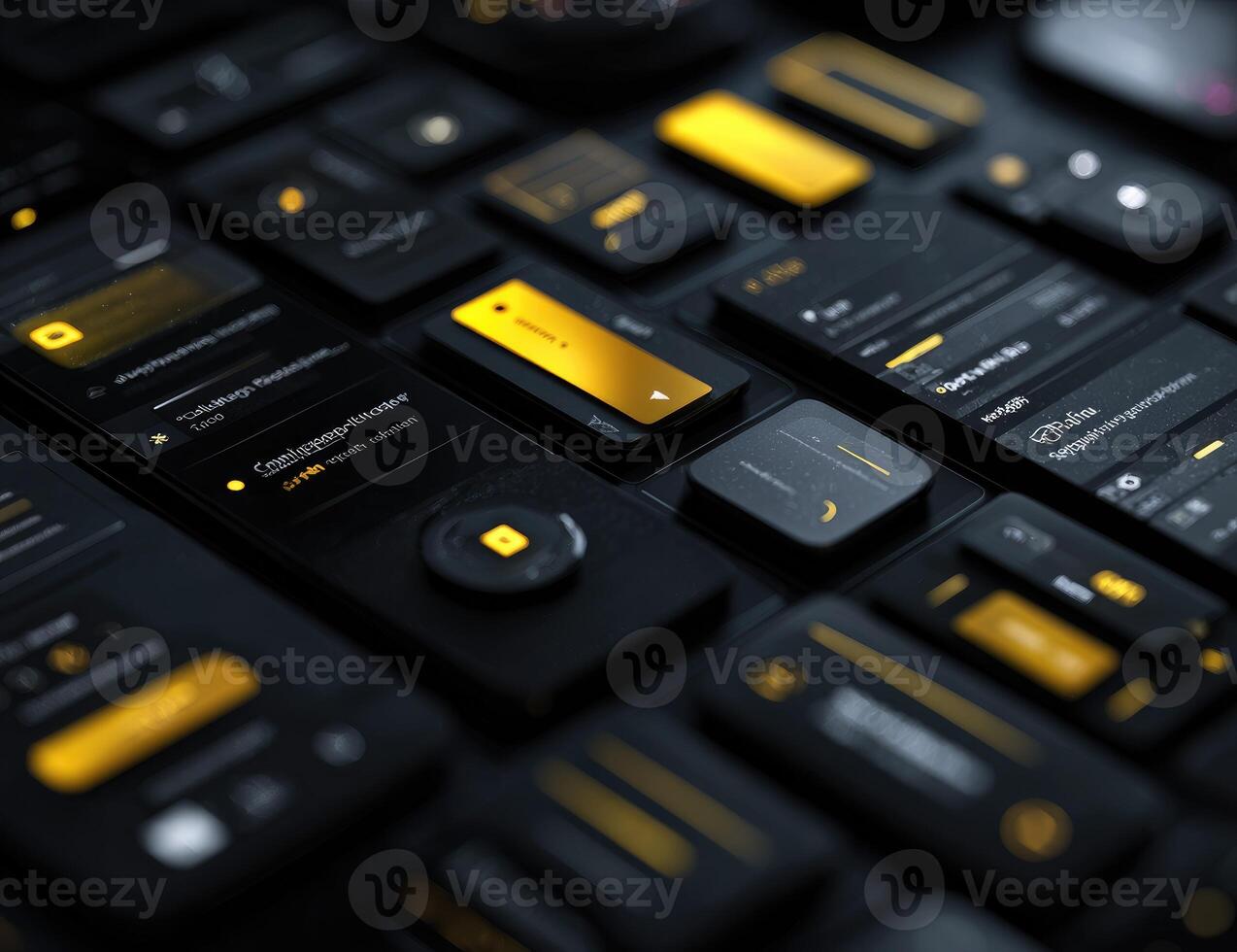 A black and yellow ui kit with various buttons and icons photo