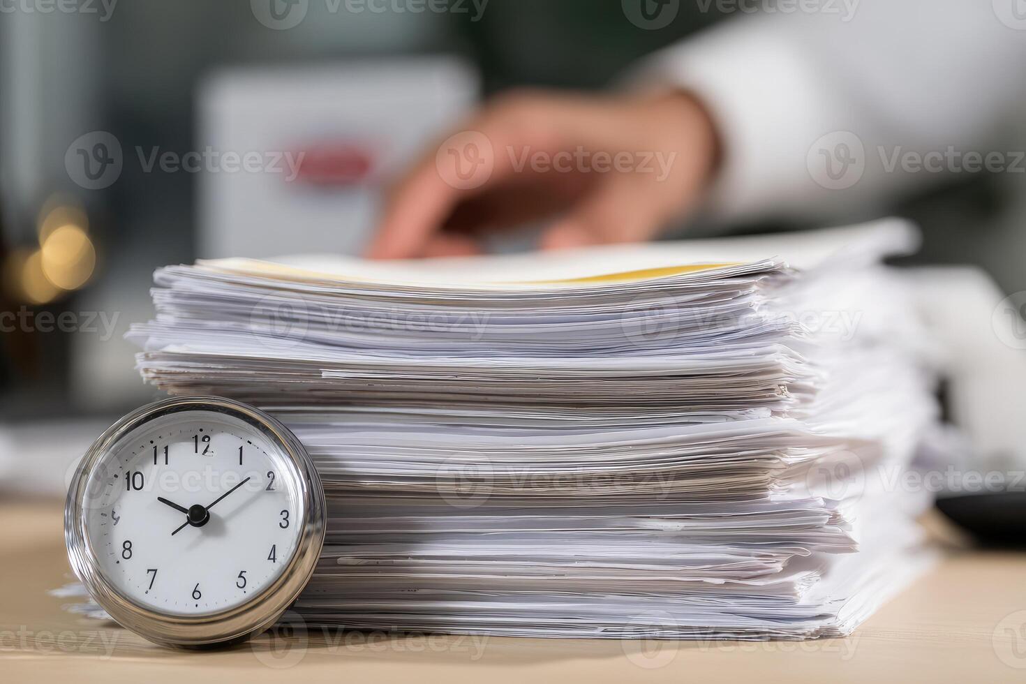 A stack of papers with a clock on top of it photo