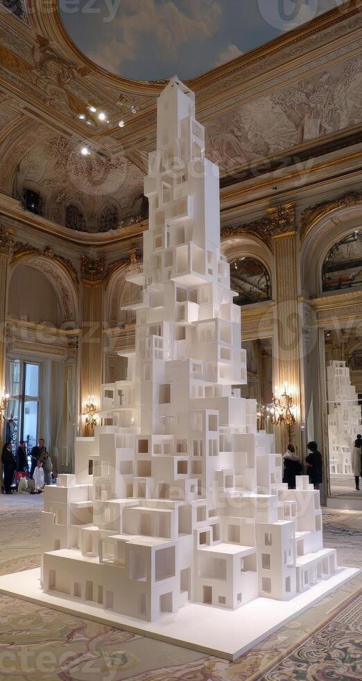 A large white building with many different colored blocks photo