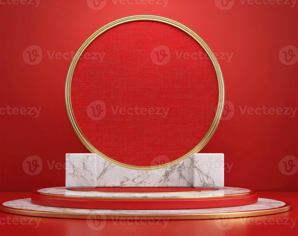 Round red frame on marble pedestal with red background 3d rendering photo
