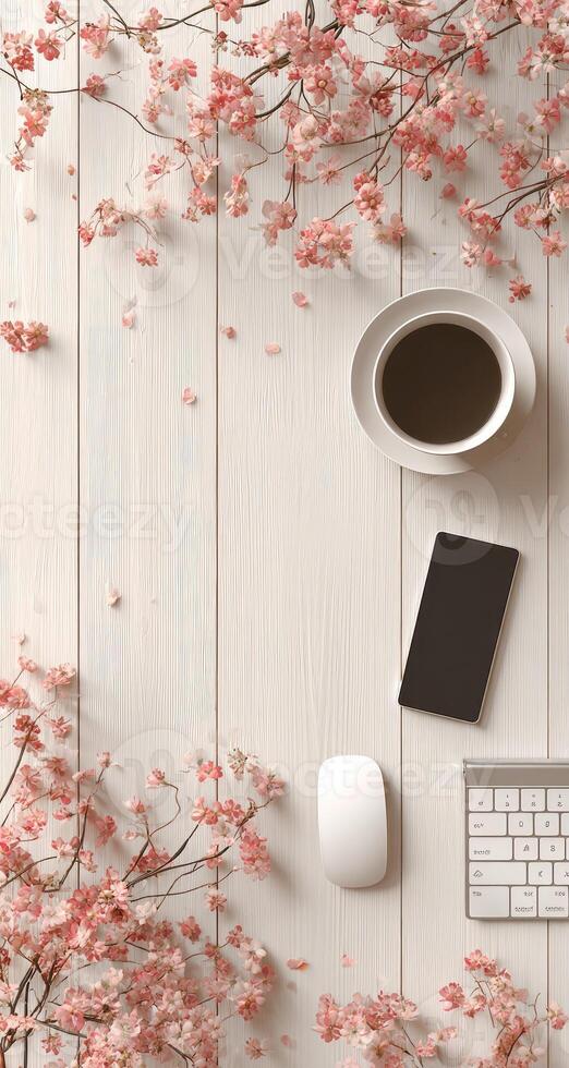 A coffee cup, a keyboard, a phone and a notebook are placed on a wooden table with photo