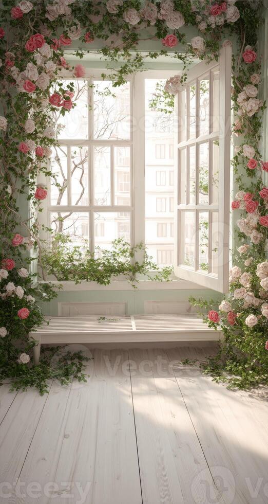 A window with flowers and a bench in front of it photo
