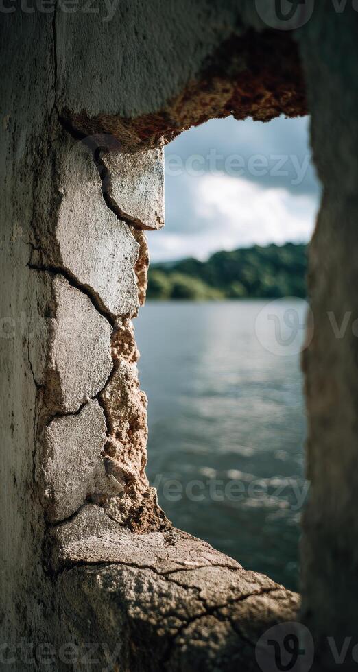 A window in an old building with a view of the water photo