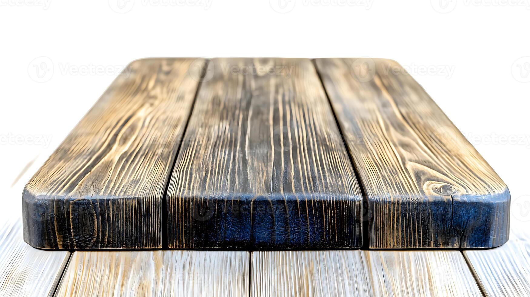 Close-up view of a rustic wooden tabletop with unique grain patterns, ideal for product photography photo