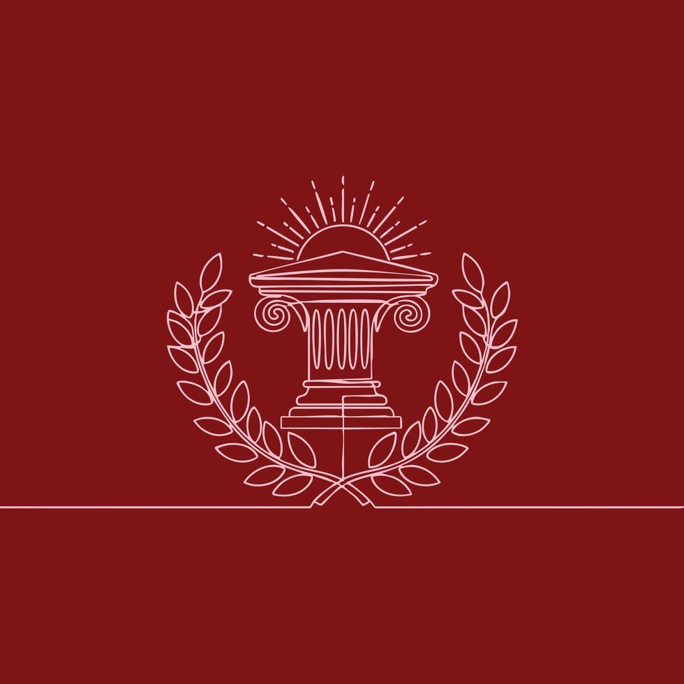 Elegant line art of a classical pedestal with sun rays and laurel wreath on a deep red , symbolizing achievement and honor vector