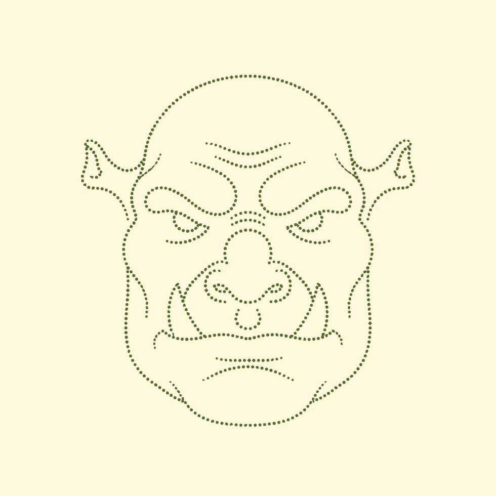 Detailed line drawing of an aggressive fantasy creature with pointed ears, sharp teeth, and intense expression on a light vector