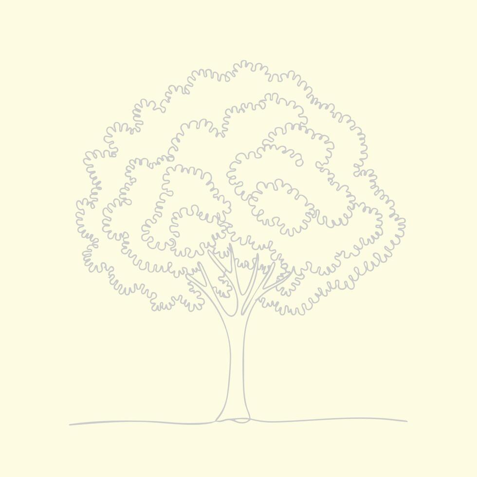 Minimalist line drawing of a large, leafy tree with intricate, curly foliage and a slender trunk on a soft pastel vector