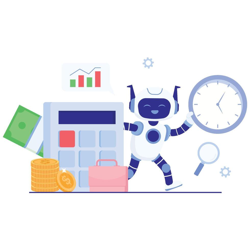 Playful robot stands by a calculator and clock with graphs and cash, illustrating time aware budgeting, forecasting, and expense control. vector