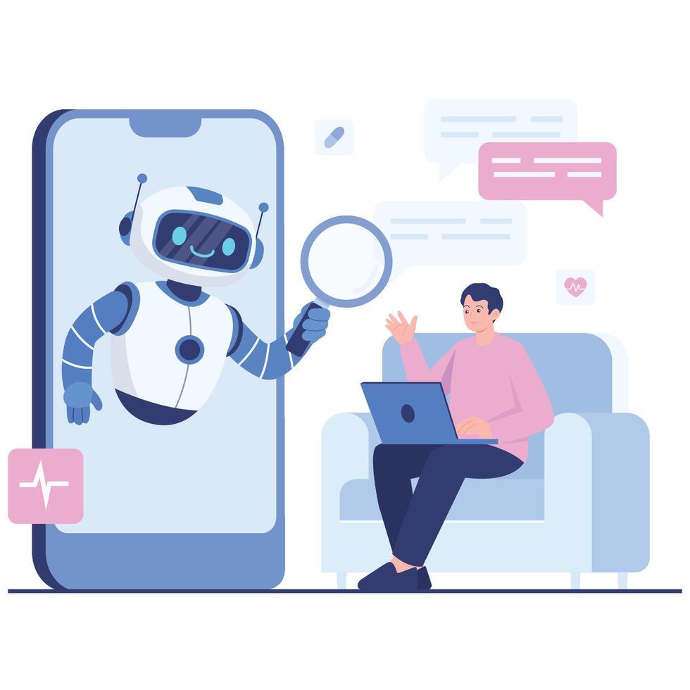 Cute healthcare robot appears from a smartphone to consult a patient at home, demonstrating remote care, chat support, and digital monitoring. vector