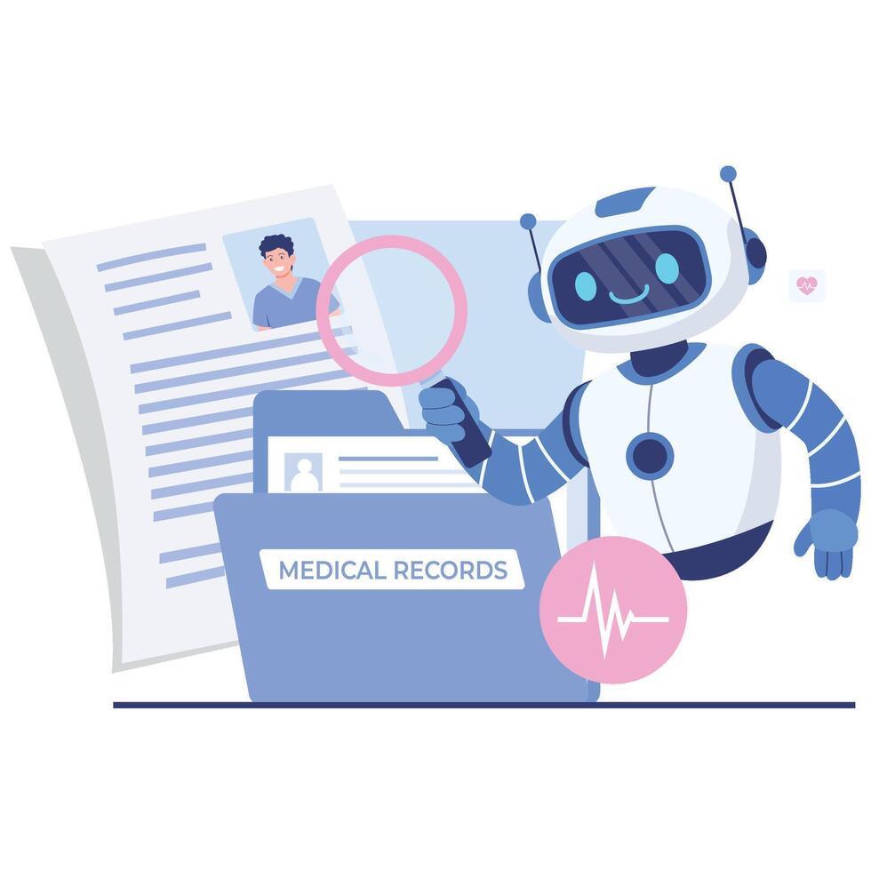 AI assistant examines patient files with a magnifier, emphasizing secure data search, documentation accuracy, and compliance in healthcare. vector
