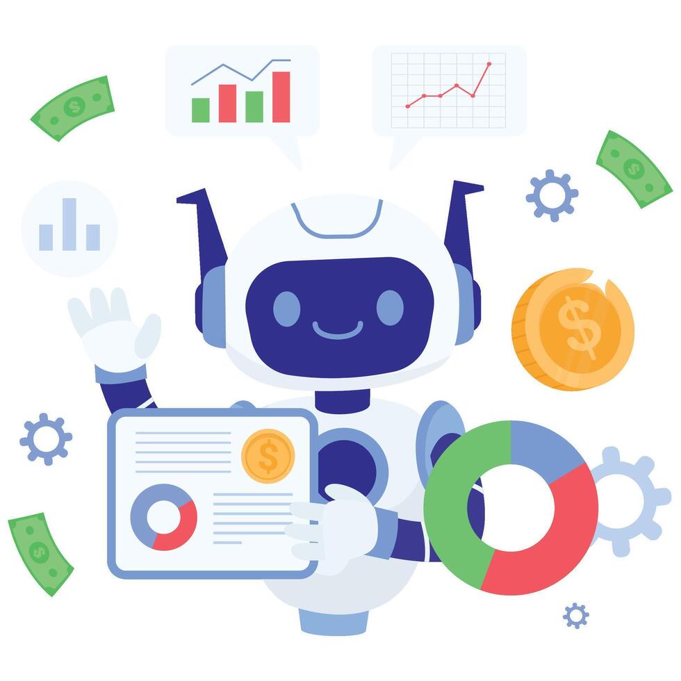 Cheerful robot presents a financial dashboard with charts, reports, and a pie chart, symbolizing analytics, budgeting, and revenue growth. vector