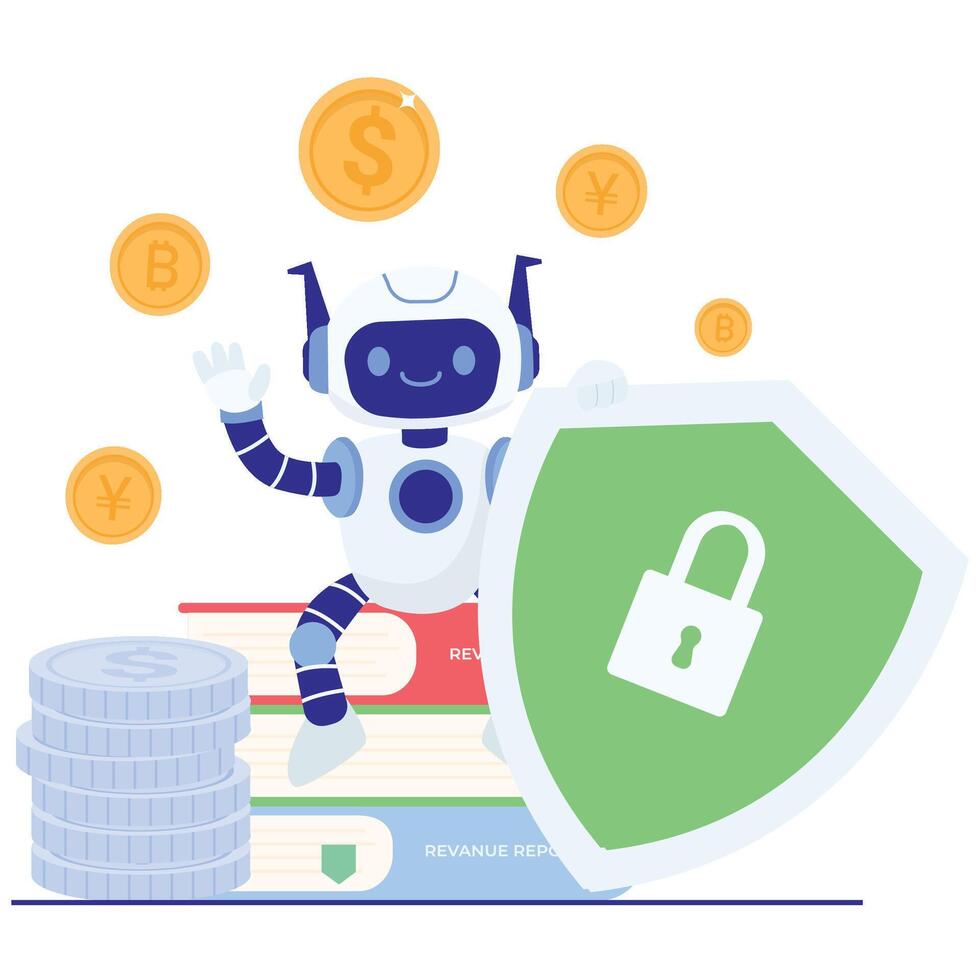 Smiling robot guards coins with a large shield and lock icon, conveying cyber security, fraud prevention, and trusted digital finance. vector