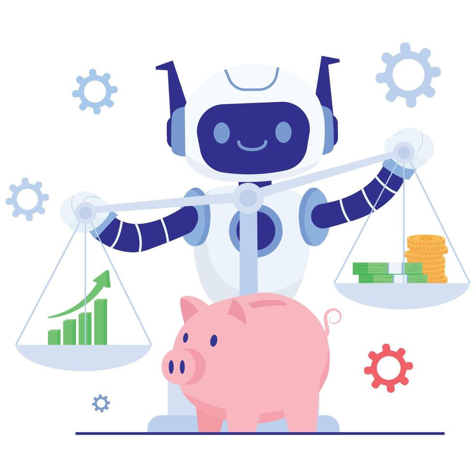 Friendly robot balances scales with growth bars and money stacks beside a piggy bank, showing diversified portfolio allocation and risk control. vector