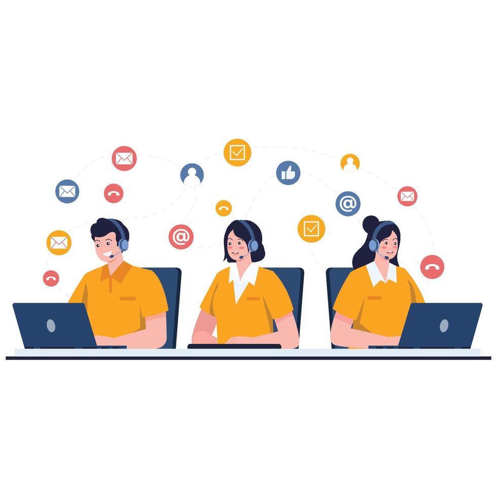 Three customer support agents with headsets working on laptops, connected by message, email, and call icons representing multichannel assistance and teamwork. vector