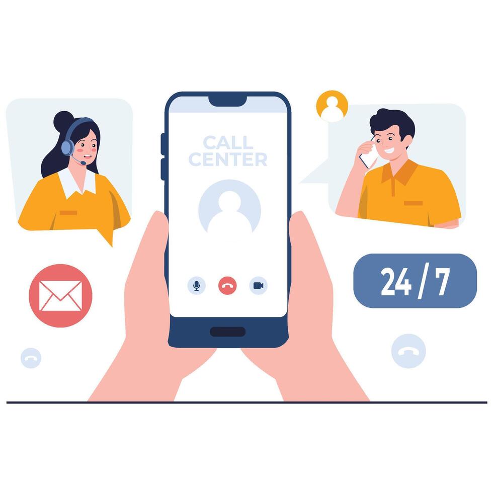 Hands hold a smartphone call center screen with agent bubbles and a 24 7 badge for instant help. vector