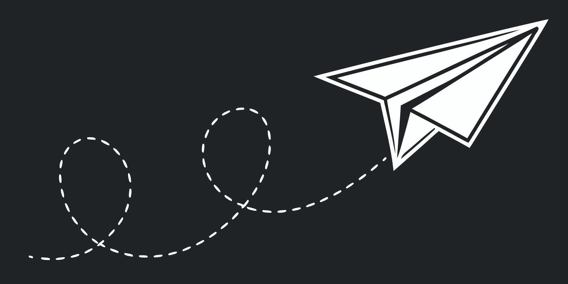Dynamic white paper airplane soaring on dashed line trajectory, symbolizing adventure, innovation, and travel goals with a sense of freedom. vector