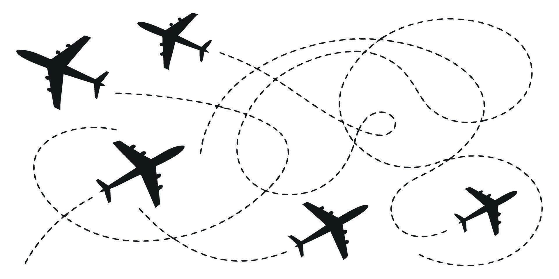 Dynamic airplane trail patterns showcase travel routes and destinations, perfect for aviation themes, journey concepts, or modern transportation designs vector