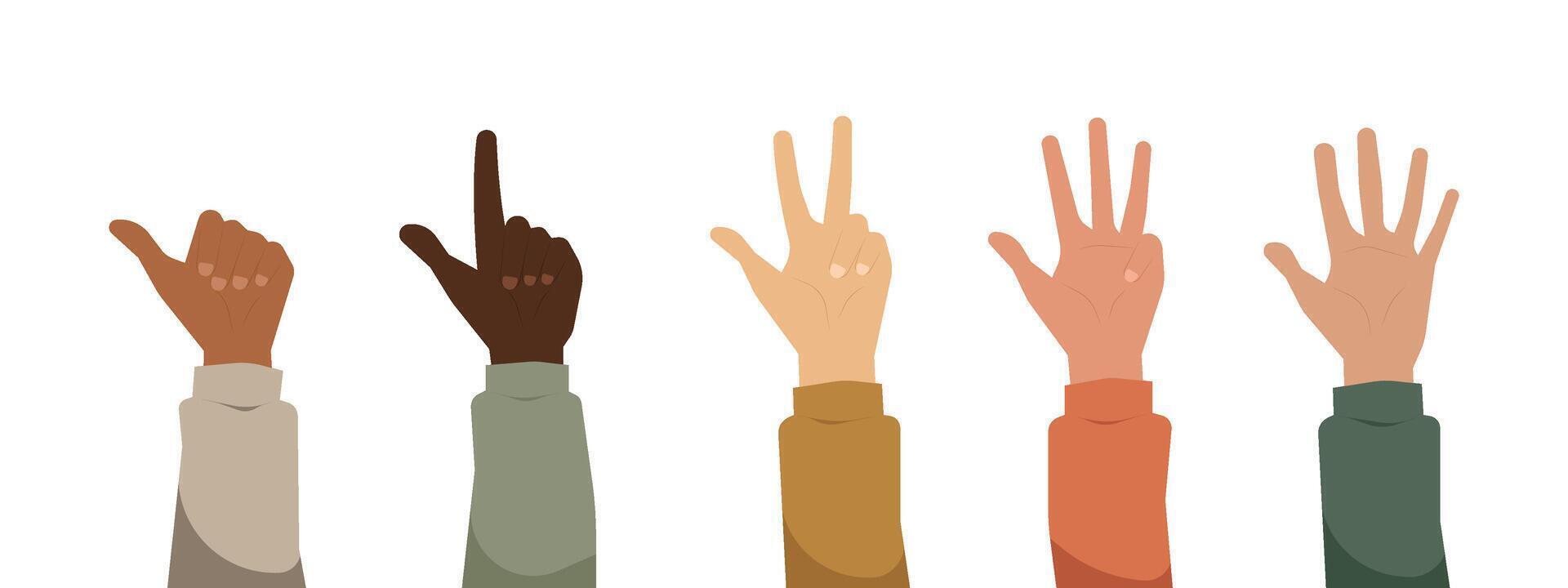 Diverse multiethnic hands with raised gesture showing fingers counting from one to five illustration vector