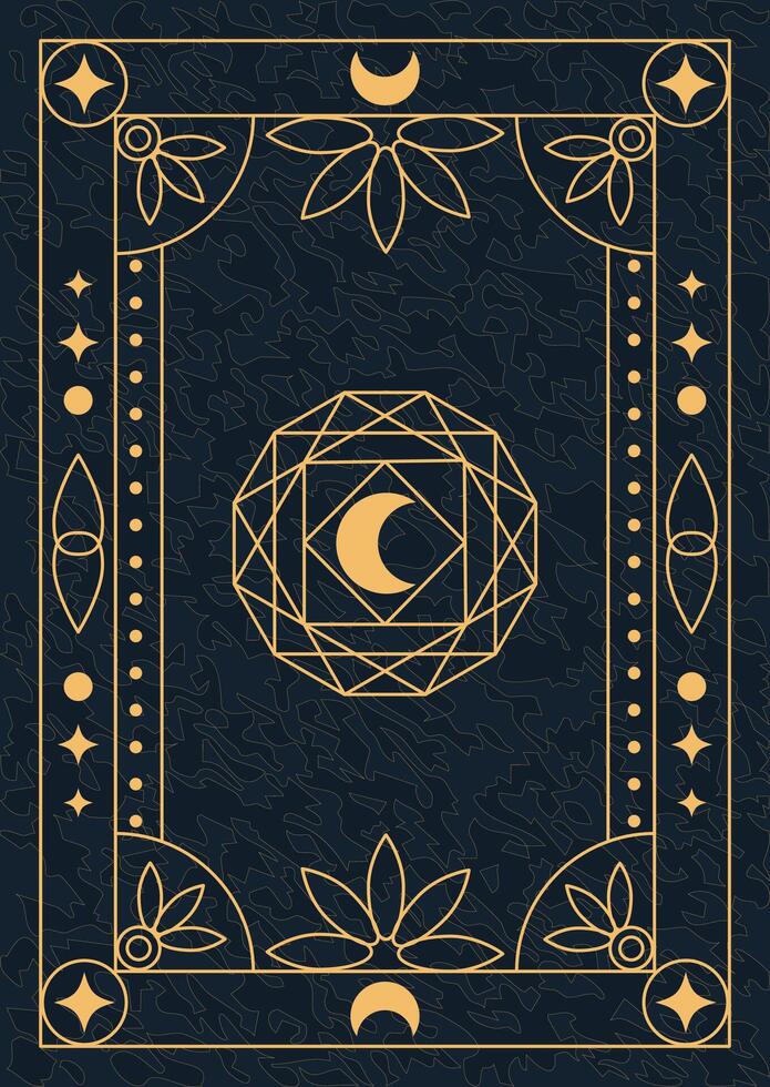 Tarot card back design with moon and celestial symbols in gold on a dark blue background. Mystical esoteric ornamental border frame template vector