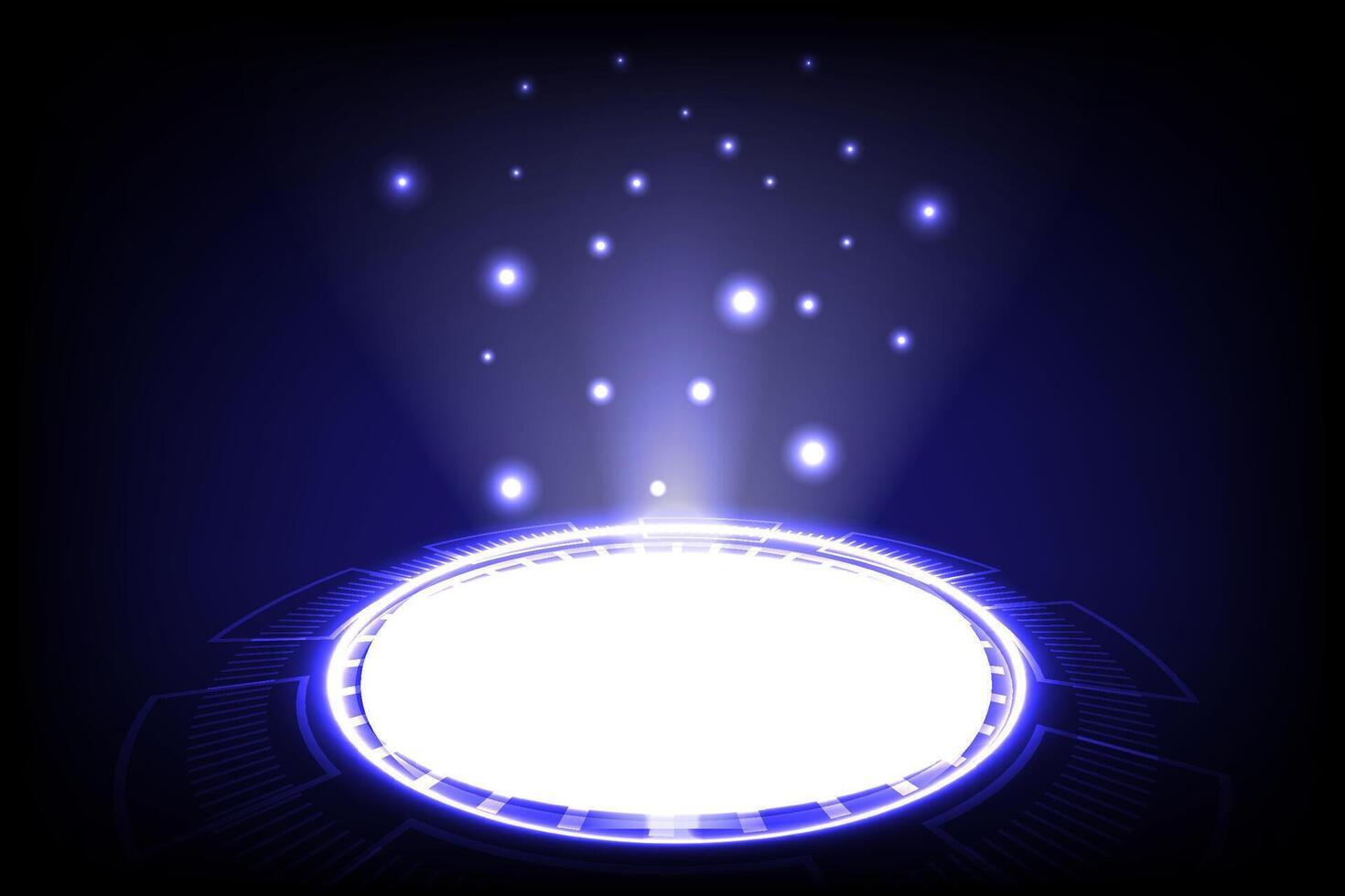 Abstract sci-fi background featuring a glowing circular portal with bright light and floating particles vector