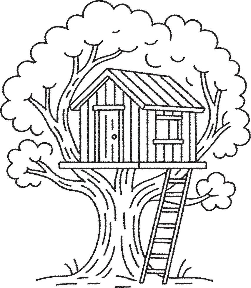 Treehouse nestled in large leafy tree black and white vector
