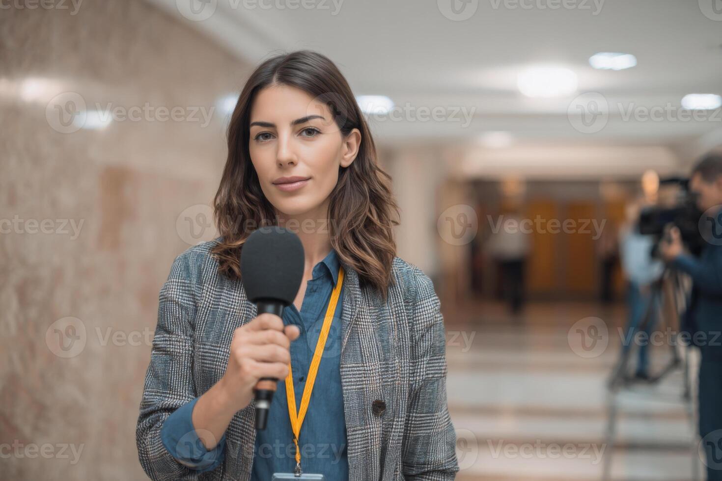A reporter stands confidently in a hallway, holding a microphone and preparing for interviews while cameras and colleagues are visible in the background, showcasing a busy press environment photo