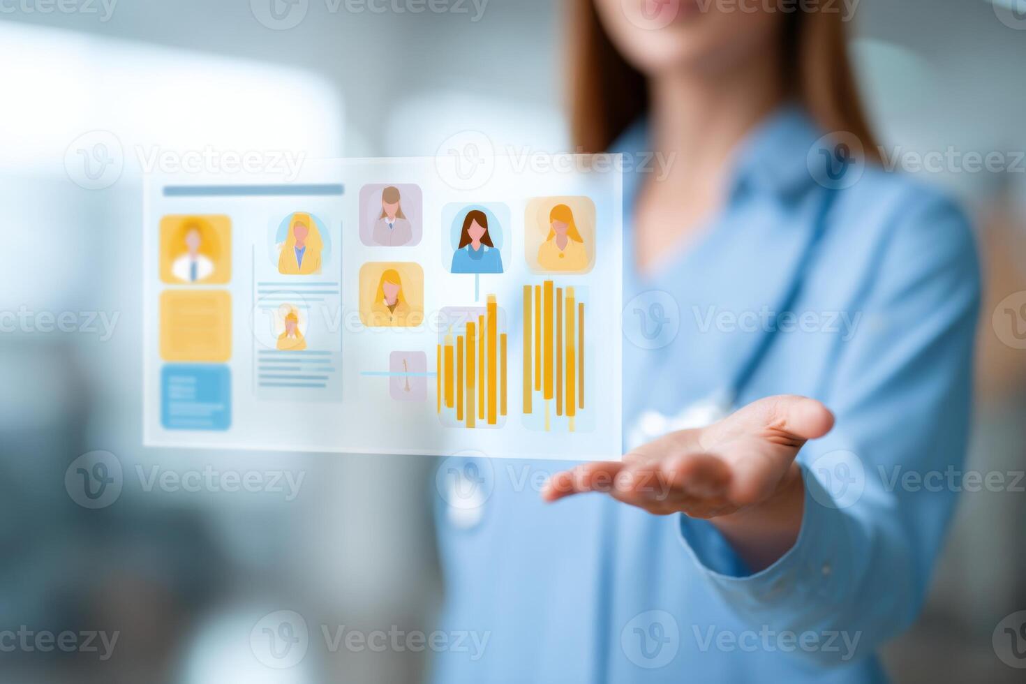 A professional woman presents a digital healthcare interface displaying patient profiles and analytics in a contemporary office environment. The focus is on technology and data visualization photo