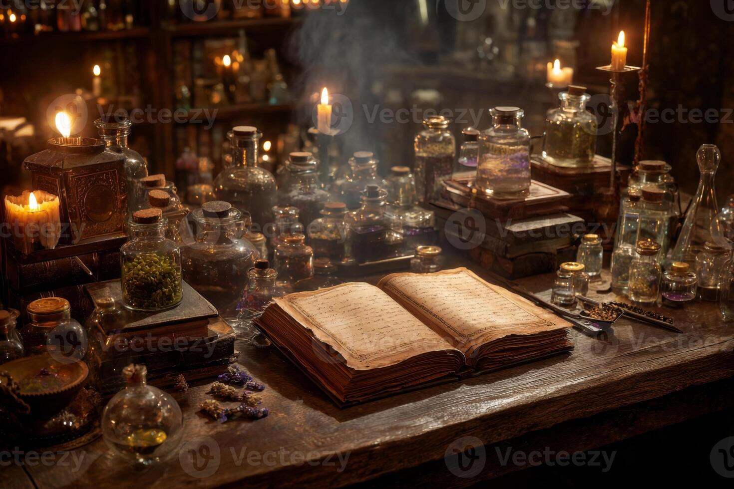 Central to the setting is an ancient book open on a rustic wooden table, surrounded by various glass bottles and flickering candles, creating an enchanting atmosphere in an alchemists workshop photo
