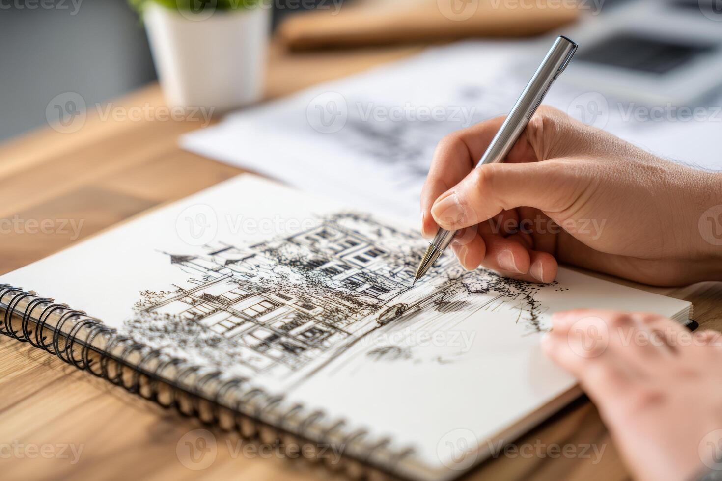 An artist captures the essence of a quaint urban scene with a pen on a sketchpad. Natural light fills the workspace, enhancing the details of the artwork and creating an inspiring atmosphere photo