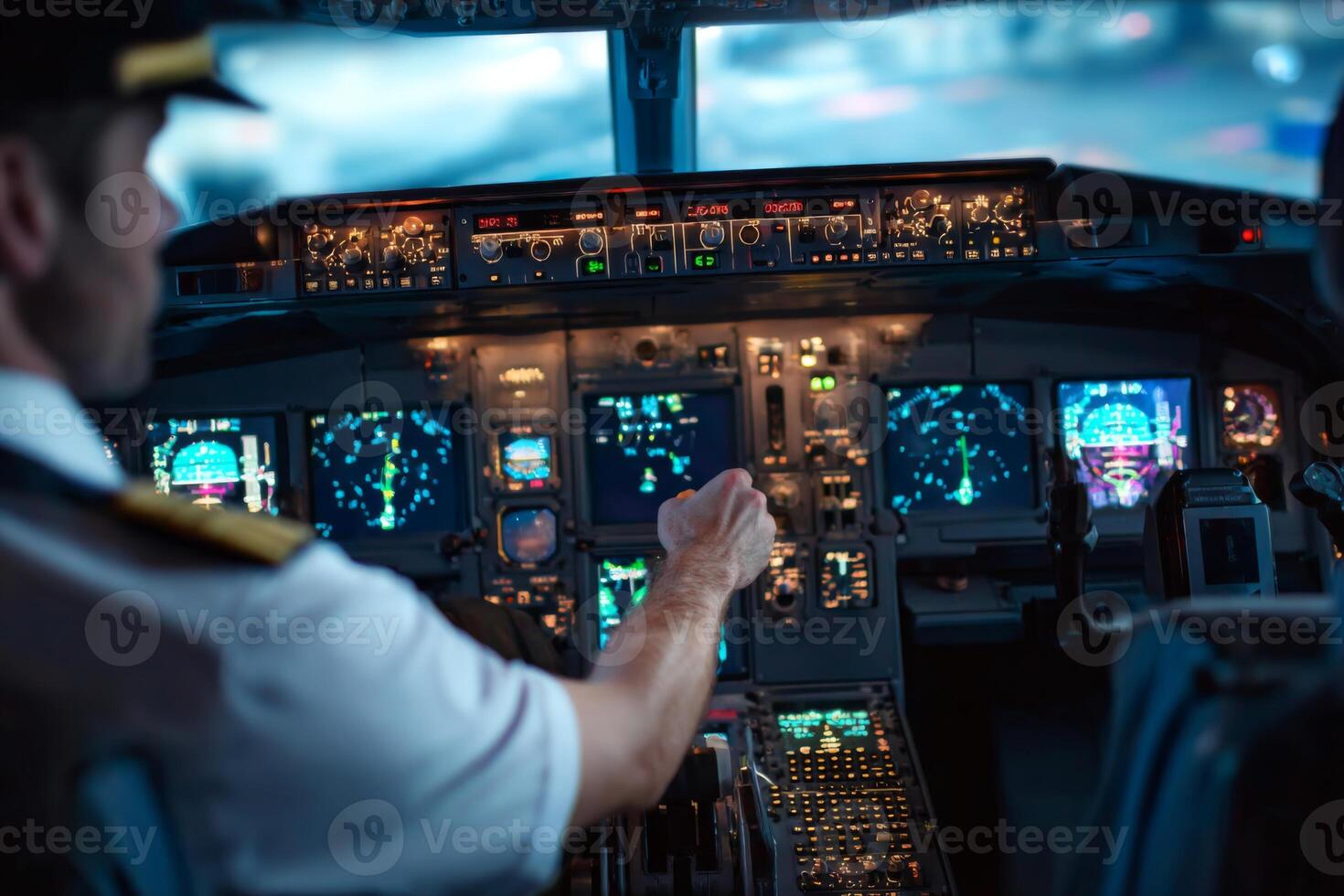 Pilot maneuvers aircraft controls inside cockpit at night. The dashboard displays various instruments and navigation systems illuminated in blue and green lights, showcasing a high-tech environment photo