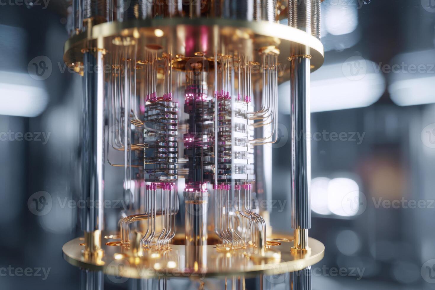 In a high-tech laboratory, an advanced quantum computer features intricate wiring and glowing components, illustrating the cutting-edge technology of quantum computing in action photo