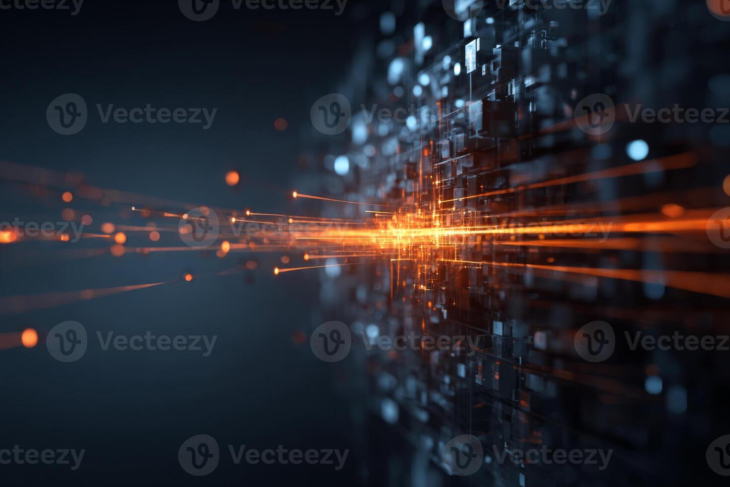 Bright orange light beams extend through a dark digital backdrop filled with pixel-like structures. The visual conveys a sense of energy and technology, suggesting data transfer photo