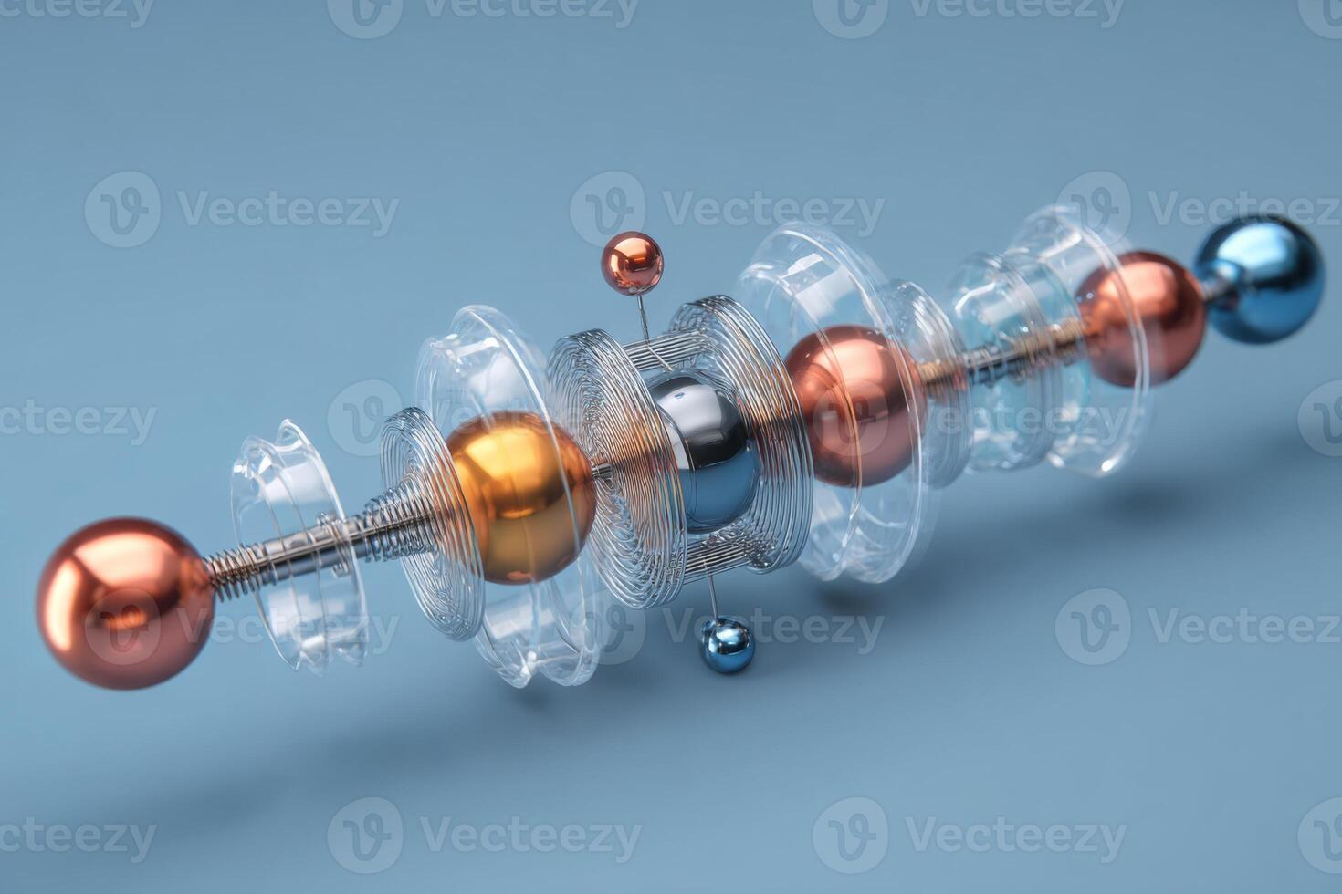 Delicate metal spheres in various colors are arranged with transparent circular structures, resting on a smooth blue surface. This composition highlights the blend of materials and shapes photo