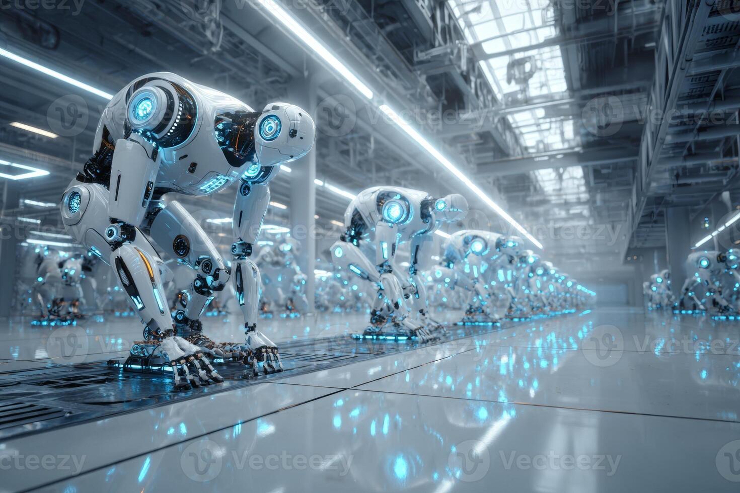 In a clean, modern factory, advanced robots assemble themselves with sleek designs and glowing interfaces, indicating cutting-edge technology in action photo