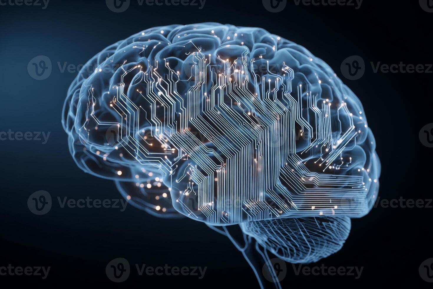 A digital illustration depicts a human brain interconnected with circuit-like patterns, symbolizing the fusion of neuroscience and technology. This artwork emphasizes innovation and cognition photo