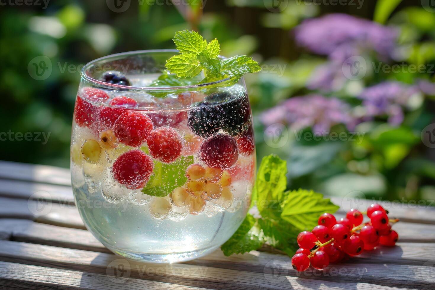 A clear glass filled with sparkling water and a variety of colorful berries is placed on a wooden surface. The setting features vibrant plants and flowers, creating a refreshing atmosphere photo