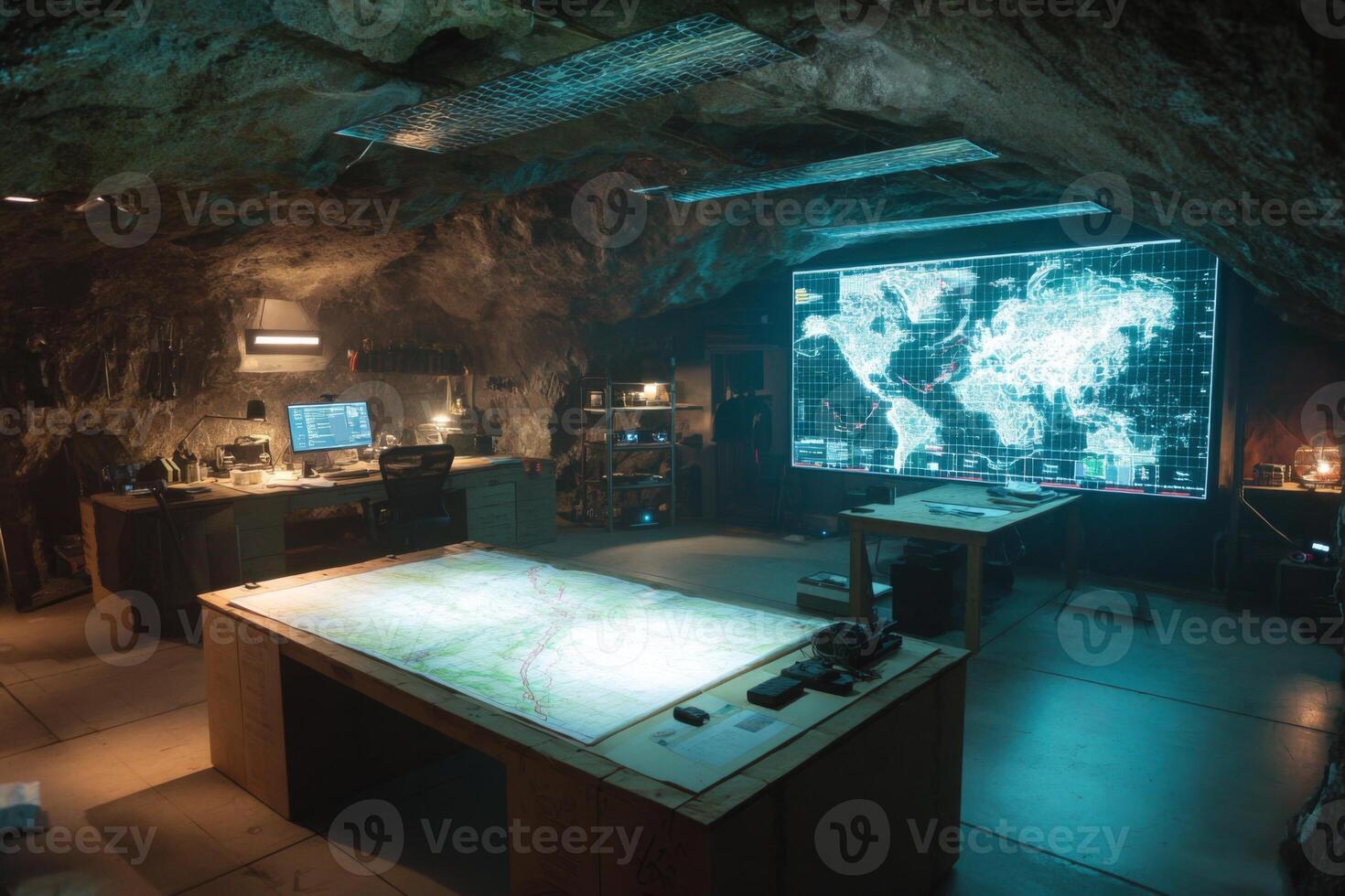 A sophisticated command center located in an underground cave features large screens displaying maps and data. Various workstations are equipped for strategic planning and analysis photo