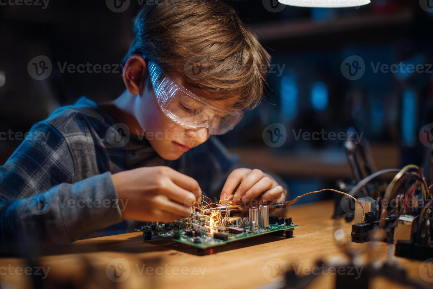 A young boy concentrates intently while assembling a circuit board. He wears protective goggles and skillfully connects wires as sparks flicker in a dimly lit workshop environment photo