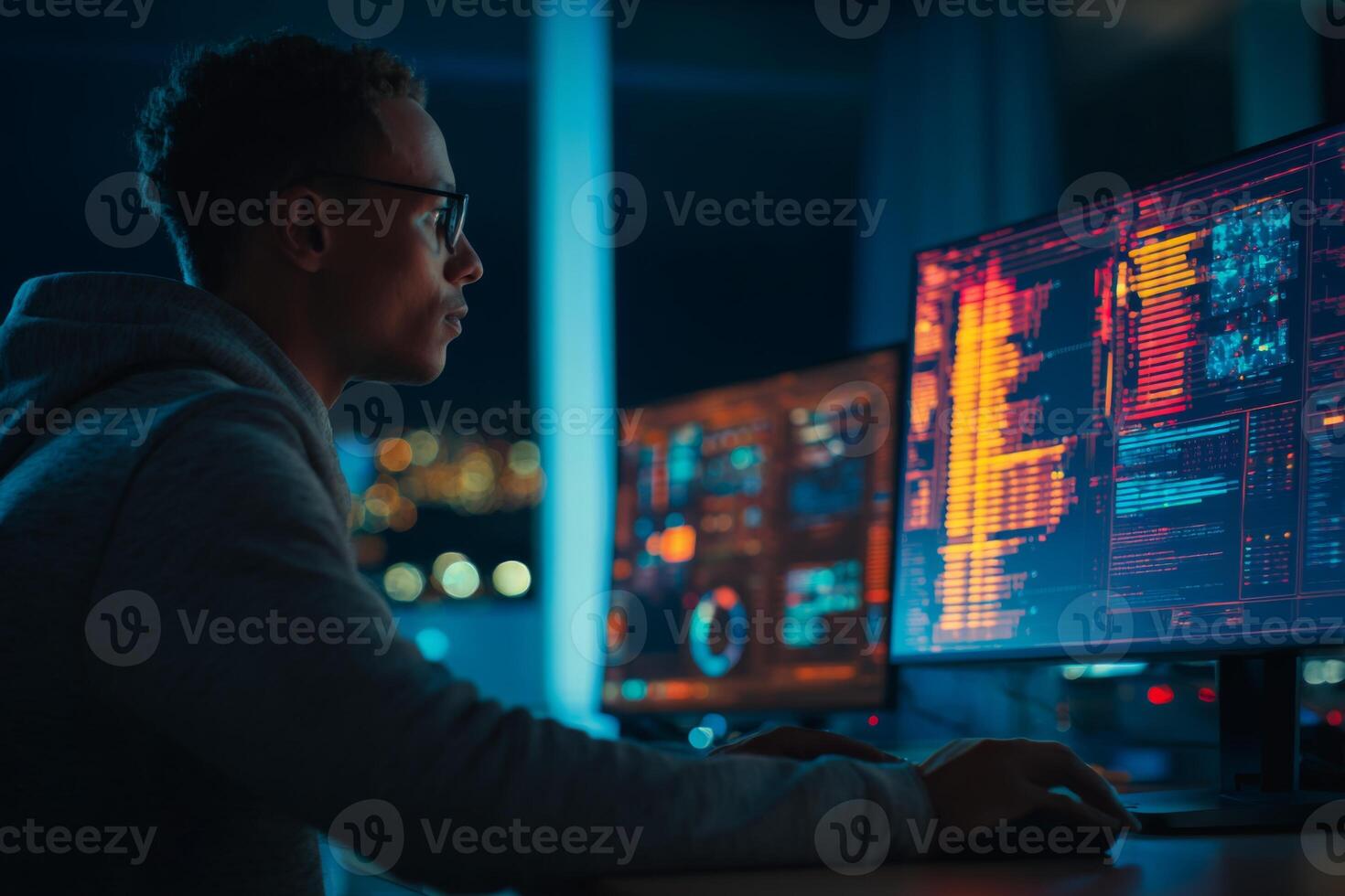 Individual engaged in advanced data analysis at a desk with multiple monitors lit up in vibrant colors, creating a high-tech atmosphere at night in an urban setting photo