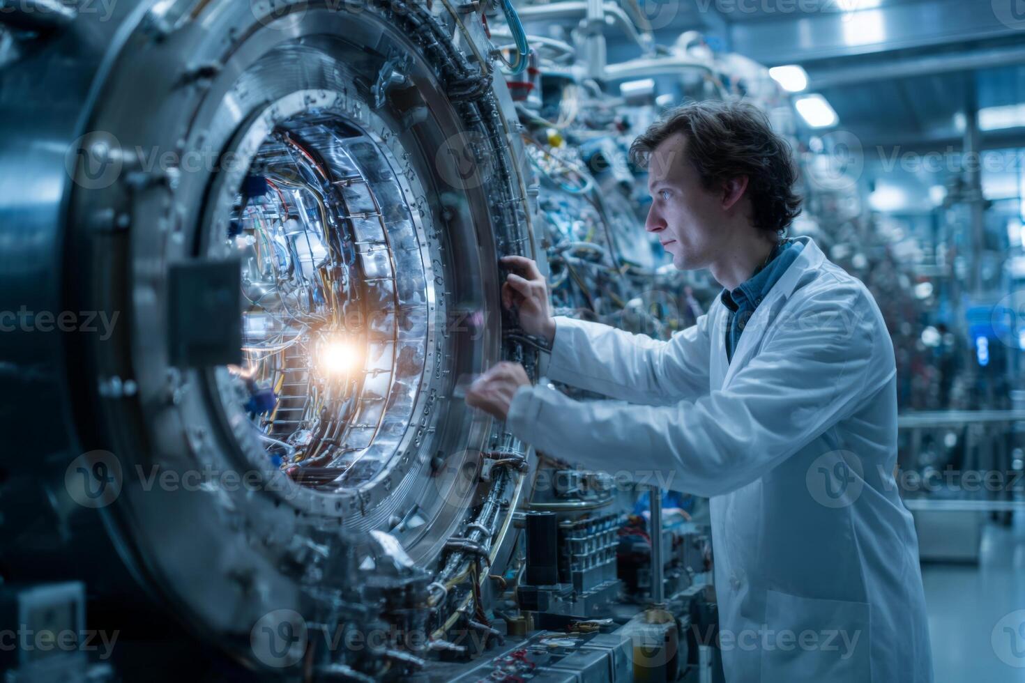 A scientist in a white lab coat interacts with a complex machine in a high-tech laboratory, showcasing the cutting-edge research process and technology involved in scientific exploration photo