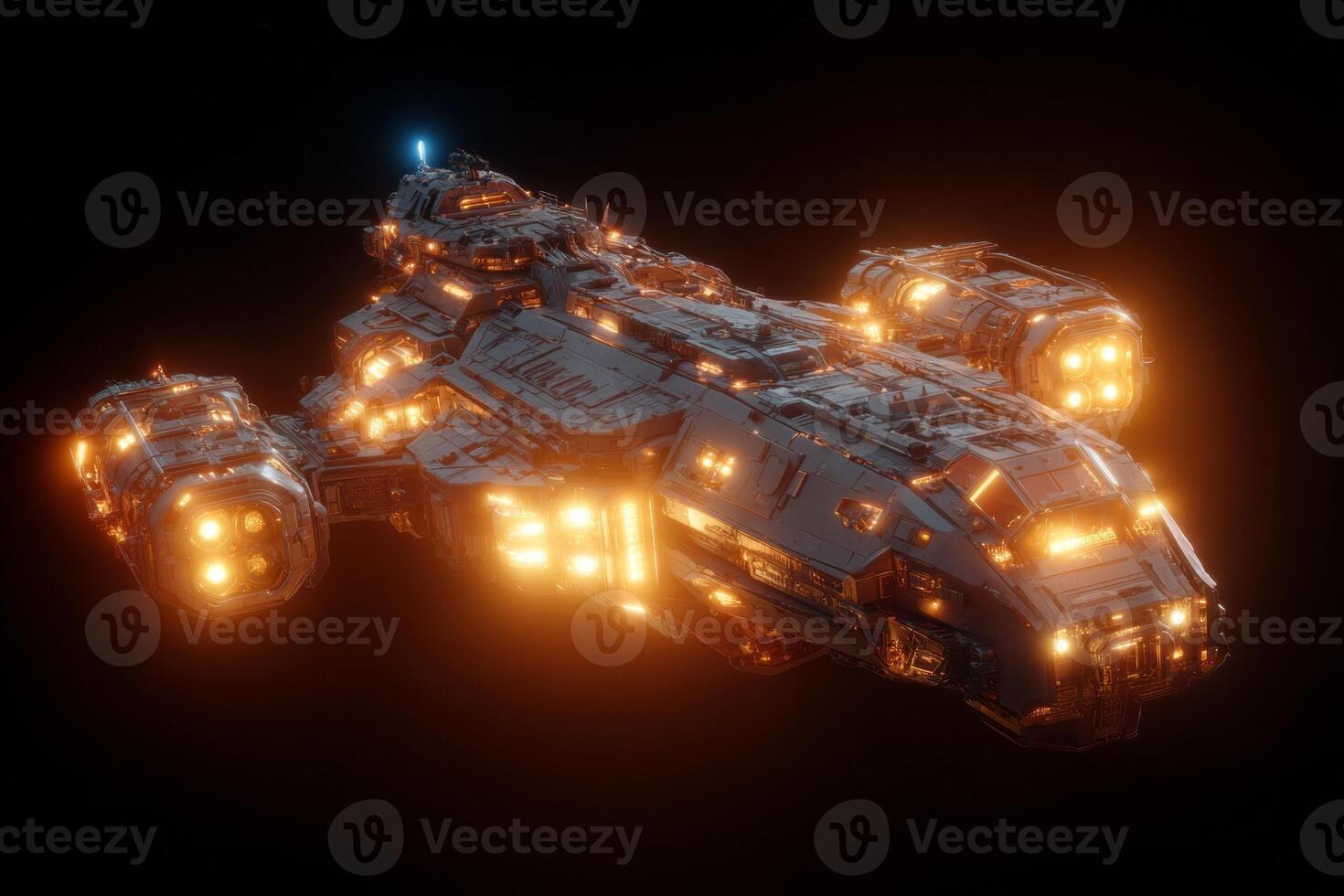 A meticulously crafted 3D rendered visualization showcases a futuristic spaceship equipped with glowing engines. The sleek design reveals advanced technology suitable for deep space exploration photo