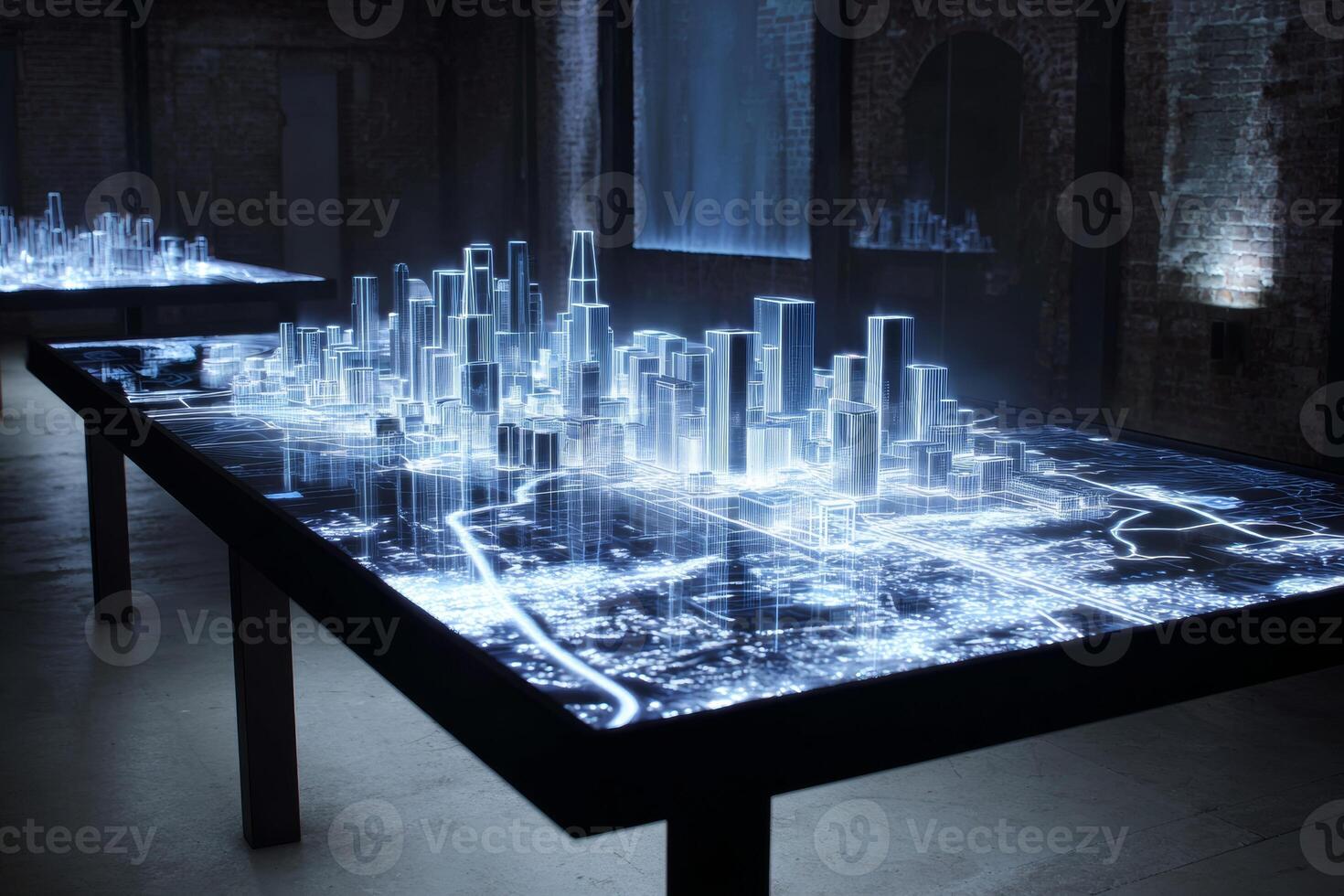 A stunning 3D virtual city model hovers above a table in a dimly lit room, showcasing intricate designs and glowing elements that highlight urban architecture and layout photo