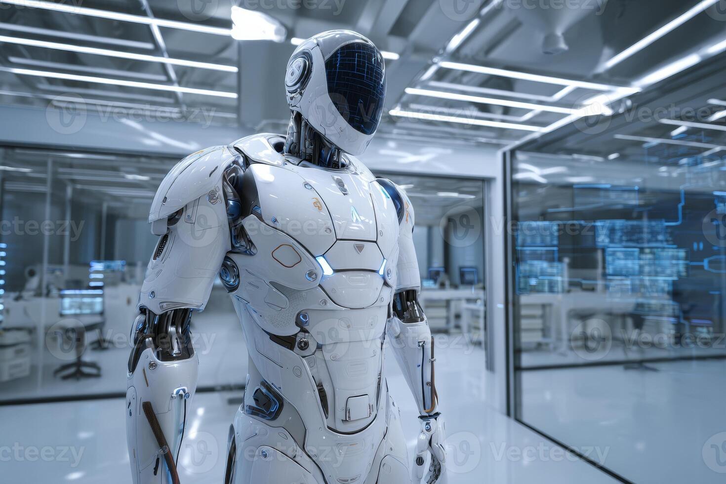 A humanoid robot with sleek design and intricate details stands in a cutting edge lab filled with high tech equipment. The environment showcases futuristic technology and digital interfaces photo