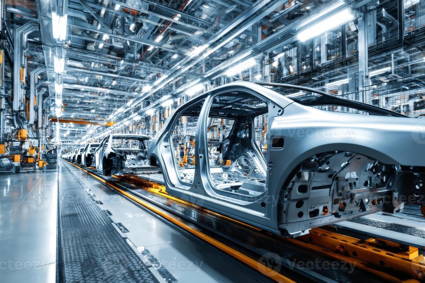 Advanced assembly line dedicated to manufacturing electric vehicles demonstrates high tech automation with precisely crafted car frames in a large facility photo