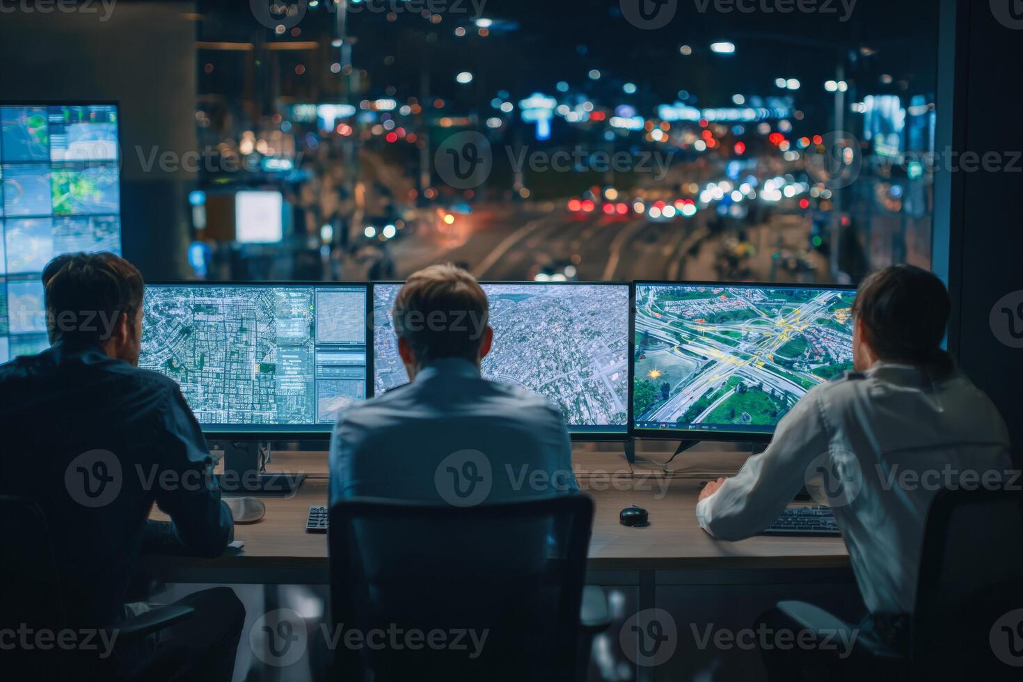 Three personnel focus on multiple computer screens displaying maps and real time traffic data at a command center in a bustling city at night photo