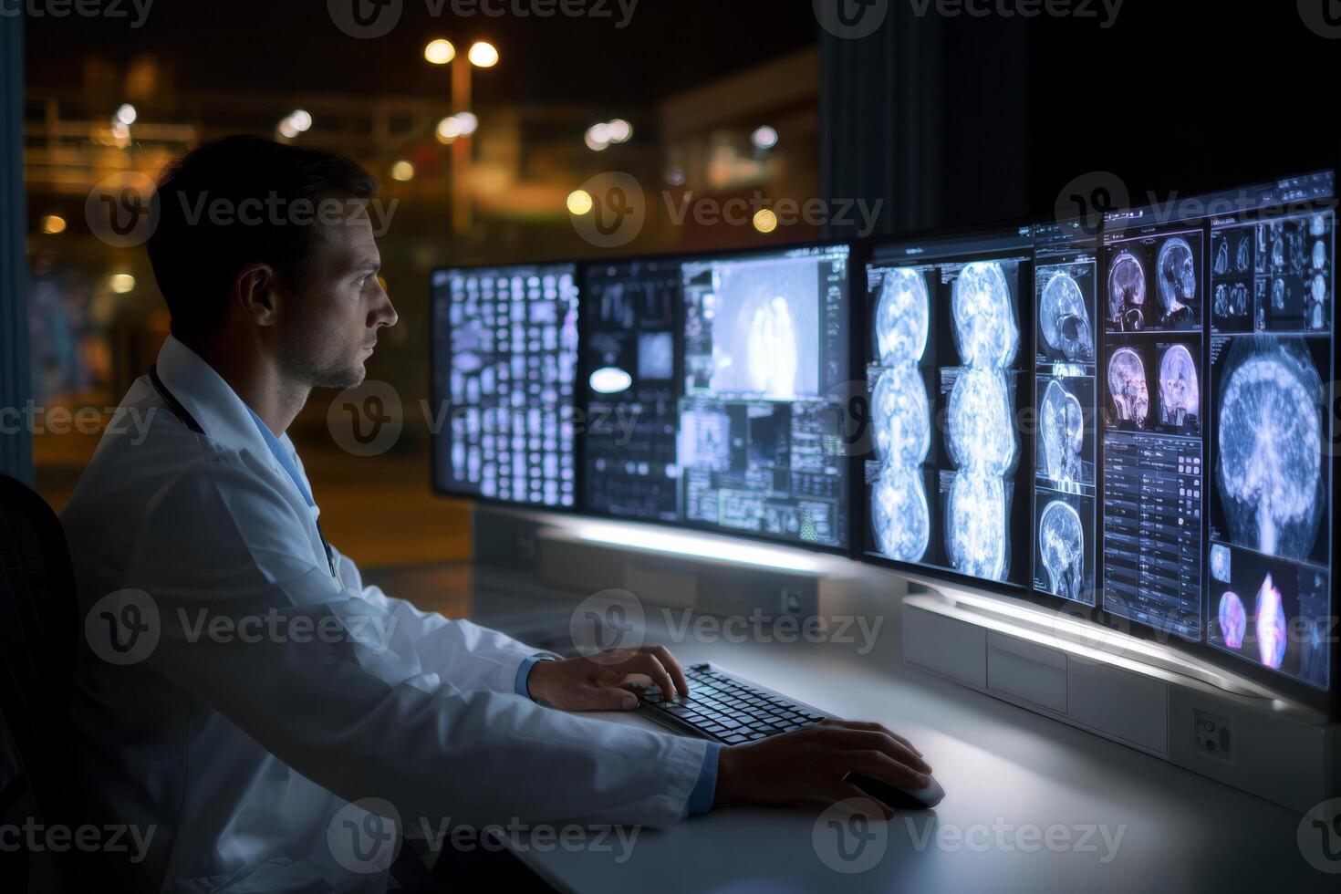 In a dimly lit room, a radiologist examines detailed digital X ray images on a large monitor, focusing carefully during the late night shift while utilizing advanced technology photo
