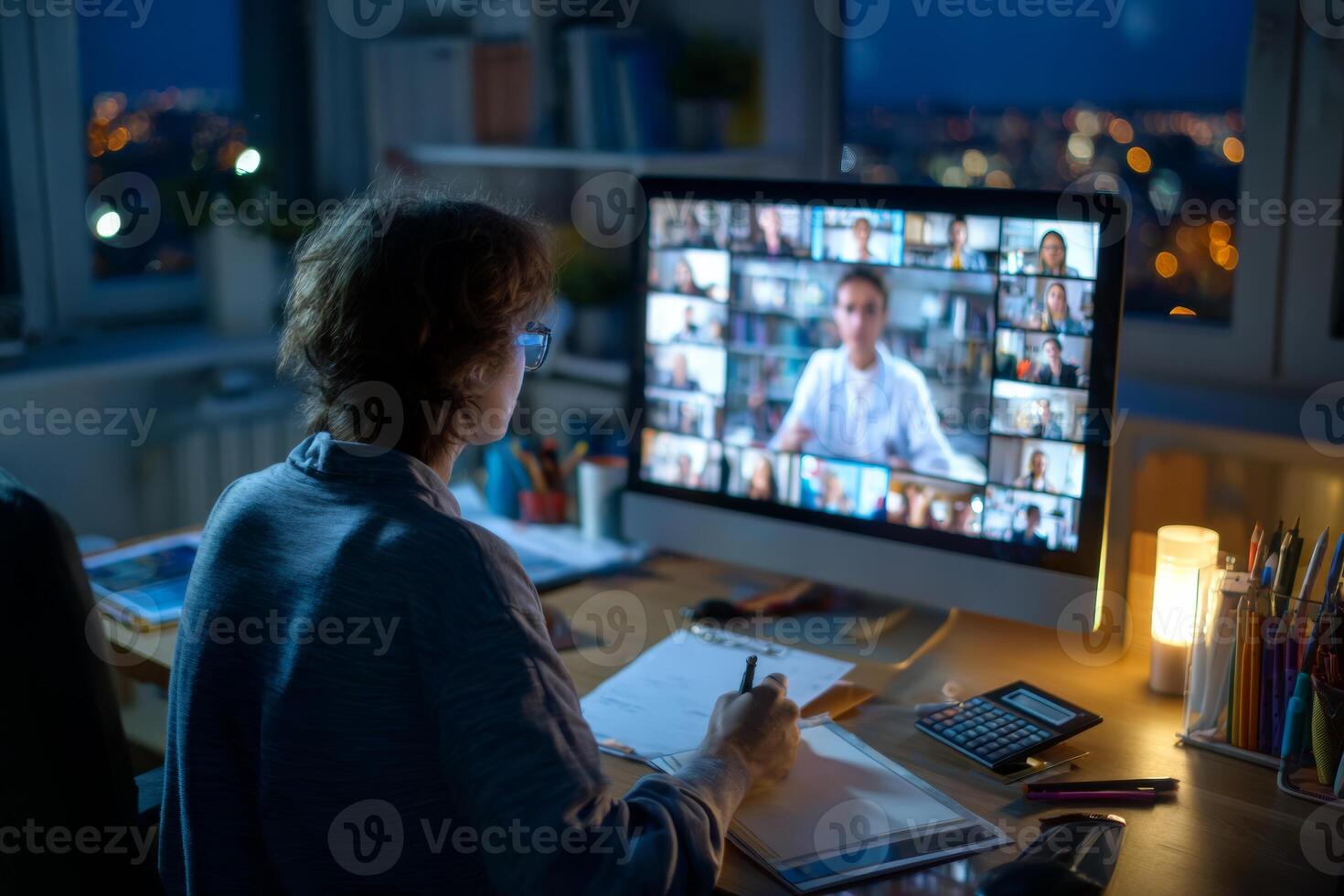 Attending a virtual seminar on a desktop monitor, a student takes notes while a calculator and additional materials are arranged on the desk. The evening city view adds to the atmosphere photo