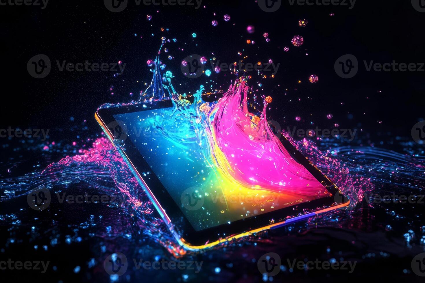 A tablet elegantly transitions into a luminous liquid, surrounded by swirling particles that glow in vivid colors, creating an enchanting atmosphere full of visual splendor photo